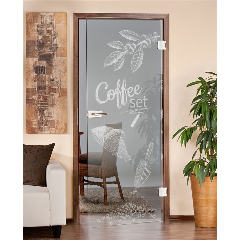 Ganzglastür Coffee Set gelasert auf Klarglas Ganzglastür Coffee Set gelasert auf Klarglas