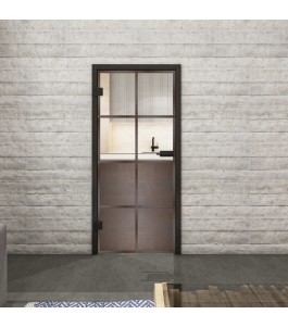 Ganzglastür Loft Rosteisen Genietet 18 auf Klarglas mit dunklem Rahmen und Rasterteilung in einem modernen Innenraum