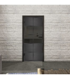 Ganzglastür Loft Schwarzeisen Genietet 28 auf Grauglas | Glastuershop24