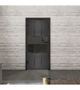 Ganzglastür Loft Schwarzeisen Genietet 33 auf Grauglas | Glastuershop24