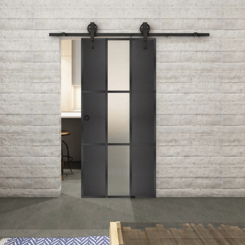 Glasschiebetür BARN-LINE Loft Schwarzeisen Genietet 36 Blickdicht Glasschiebetür BARN-LINE Loft Schwarzeisen Genietet 36 Blickdicht