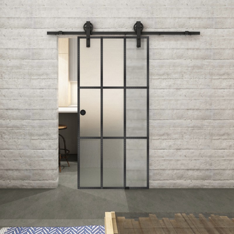 Glasschiebetür BARN-LINE Loft Schwarzeisen Genietet 11 Blickdicht Glasschiebetür BARN-LINE Loft Schwarzeisen Genietet 11 Blickdicht