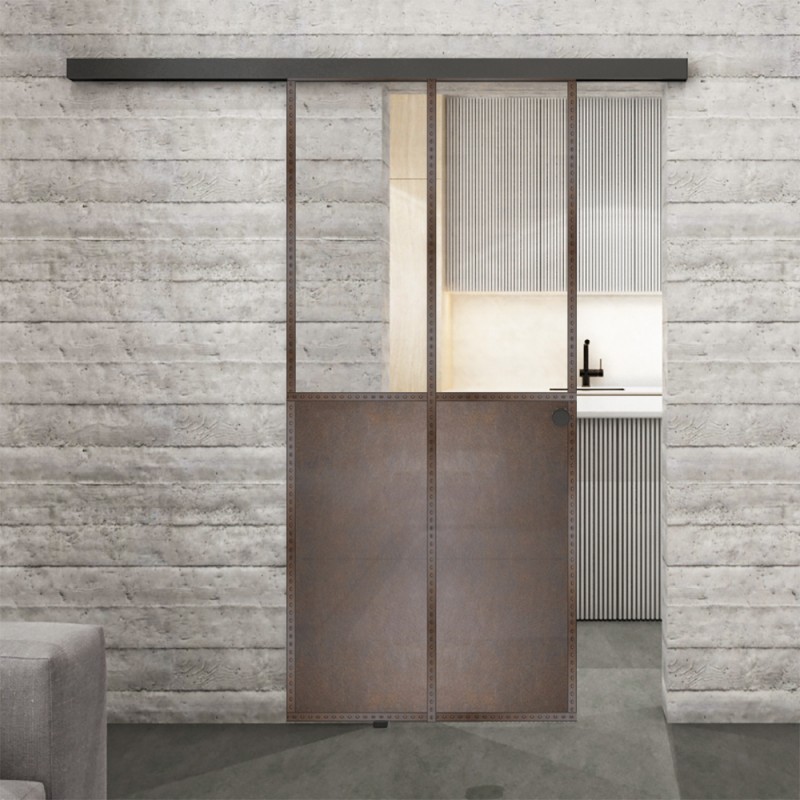 Glasschiebetür BLACK-LINE Loft Rosteisen Genietet 20 Auf Klarglas Glasschiebetür BLACK-LINE Loft Rosteisen Genietet 20 Auf Klarglas