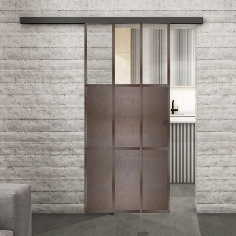 Glasschiebetür BLACK-LINE Loft Rosteisen Genietet 23 Auf Klarglas