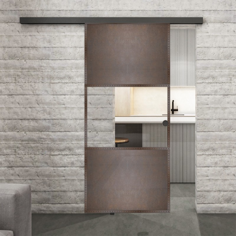 Glasschiebetür BLACK-LINE Loft Rosteisen Genietet 27 Auf Klarglas