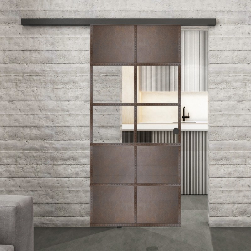 Glasschiebetür BLACK-LINE Loft Rosteisen Genietet 28 Auf Klarglas