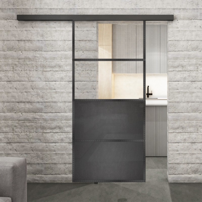 Glasschiebetür BLACK-LINE Loft Schwarzeisen Genietet 14 Auf Klarglas