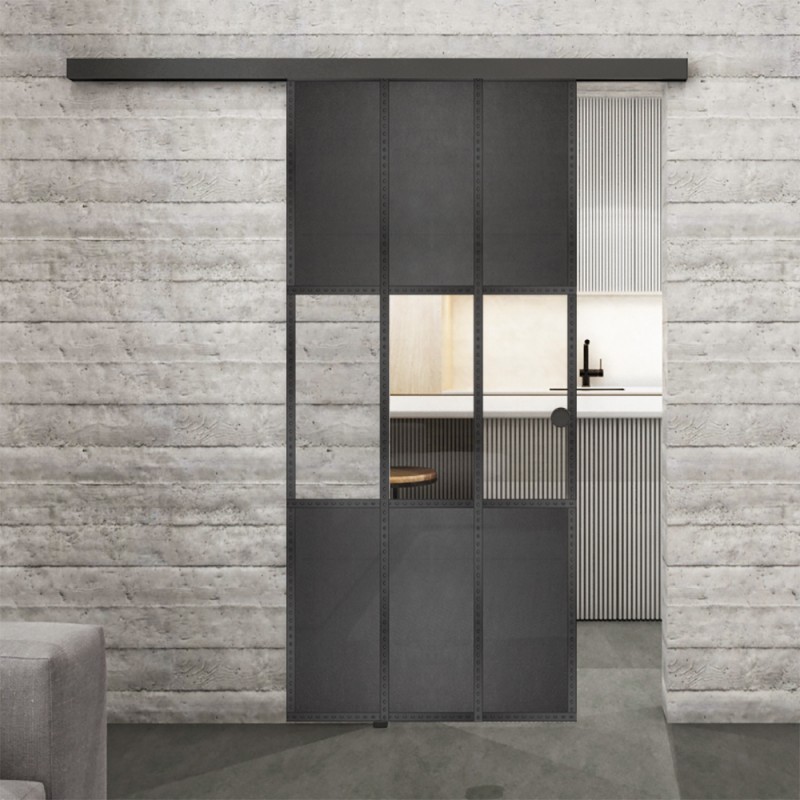 Glasschiebetür BLACK-LINE Loft Schwarzeisen Genietet 33 Auf Klarglas
