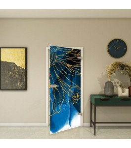 Ganzglastür Fotoprint Modell 77 – floral, blau-gold | Glastuershop24