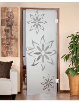 Ganzglastür Göttingen mit sandgestrahltem floralen Motiv, positiv dargestellt