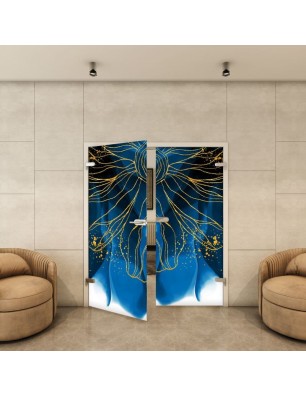 Ganzglastür Fotoprint Modell 77 – floral, blau-gold | Glastuershop24